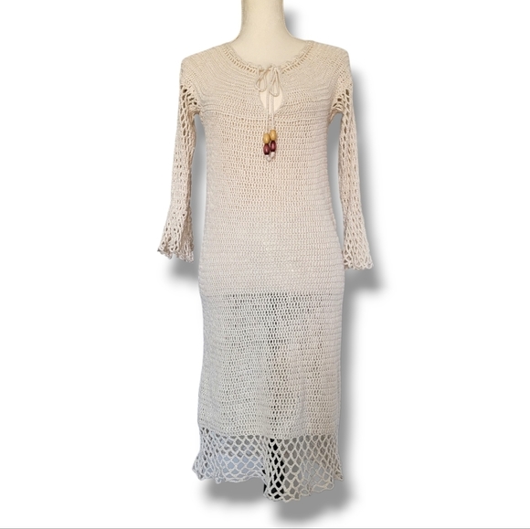 Nicole Miller Linen-Cotton Blend Crochet Transparent Swimsuit Cover-Up Small - Picture 3 of 10
